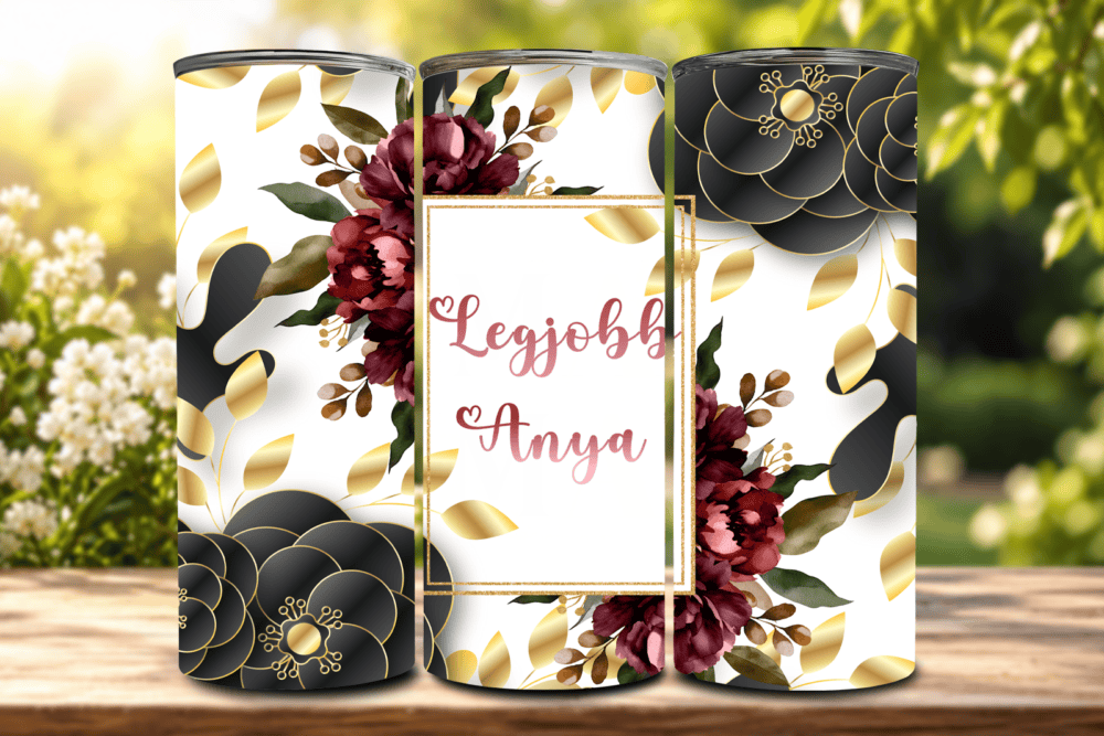 Elegáns Anya – Fekete-Arany Virágos Tumbler